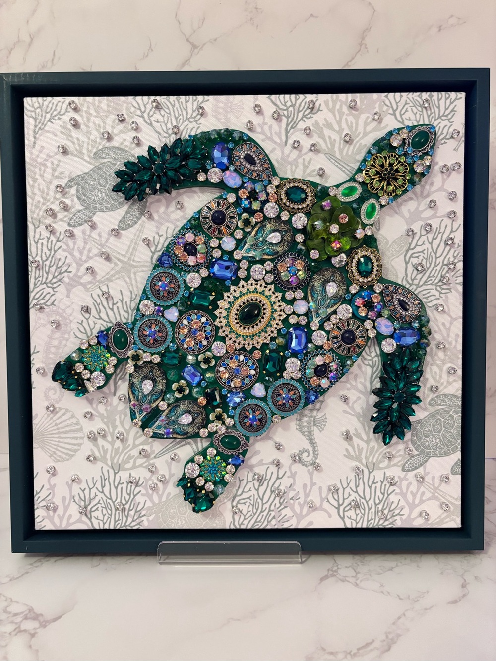 Emerald Jeweled Sea Turtle Wall Art 12x12 β Green Mixed Media Sculpture